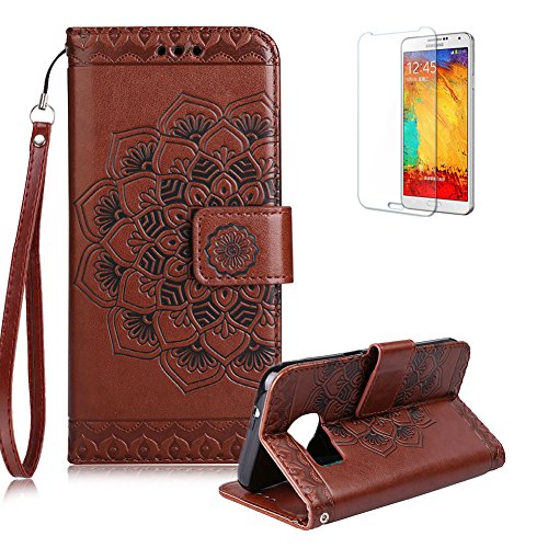 Gurt Lederhülle für Samsung Galaxy S6,Flip PU Leder Brieftasche für Samsung Galaxy S6,Funyye Klassisch Jahrgang [Braun Mandala Blume Muster] Tasche Handy Case Schutz Hüllen im Bookstyle Handyhülle Ledertasche mit Stand Funktion Kartenfächer Magnetverschluss Magnet Etui Schale Schutzhüllen Handytasche für Samsung Galaxy S6 + 1 x Frei Displayschutzfolie von Funyye