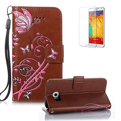 Gurt Lederhülle für Samsung Galaxy S6,Flip PU Leder Brieftasche für Samsung Galaxy S6,Funyye Klassisch Jahrgang [Braun Schmetterling Blume Muster] Tasche Handy Case Schutz Hüllen im Bookstyle Handyhülle Ledertasche mit Stand Funktion Kartenfächer Magnetverschluss Magnet Etui Schale Schutzhüllen Handytasche für Samsung Galaxy S6 + 1 x Frei Displayschutzfolie von Funyye