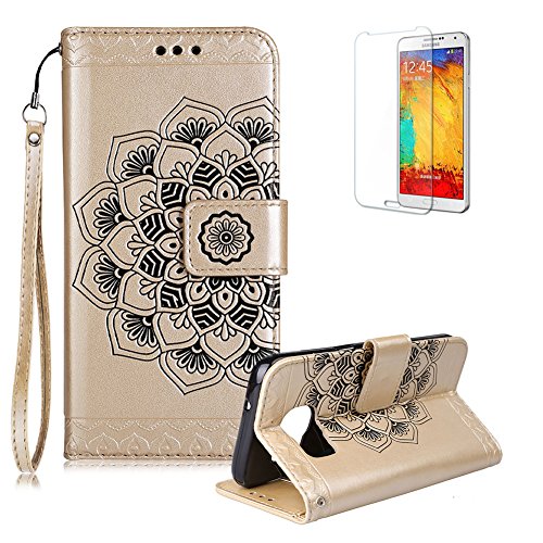 Gurt Lederhülle für Samsung Galaxy S6,Flip PU Leder Brieftasche für Samsung Galaxy S6,Funyye Klassisch Jahrgang [Gold Mandala Blume Muster] Tasche Handy Case Schutz Hüllen im Bookstyle Handyhülle Ledertasche mit Stand Funktion Kartenfächer Magnetverschluss Magnet Etui Schale Schutzhüllen Handytasche für Samsung Galaxy S6 + 1 x Frei Displayschutzfolie von Funyye