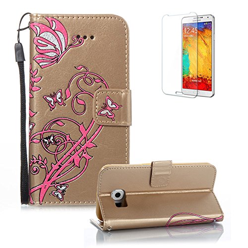 Gurt Lederhülle für Samsung Galaxy S6,Flip PU Leder Brieftasche für Samsung Galaxy S6,Funyye Klassisch Jahrgang [Gold Schmetterling Blume Muster] Tasche Handy Case Schutz Hüllen im Bookstyle Handyhülle Ledertasche mit Stand Funktion Kartenfächer Magnetverschluss Magnet Etui Schale Schutzhüllen Handytasche für Samsung Galaxy S6 + 1 x Frei Displayschutzfolie von Funyye
