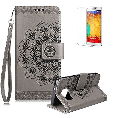 Gurt Lederhülle für Samsung Galaxy S6,Flip PU Leder Brieftasche für Samsung Galaxy S6,Funyye Klassisch Jahrgang [Grau Mandala Blume Muster] Tasche Handy Case Schutz Hüllen im Bookstyle Handyhülle Ledertasche mit Stand Funktion Kartenfächer Magnetverschluss Magnet Etui Schale Schutzhüllen Handytasche für Samsung Galaxy S6 + 1 x Frei Displayschutzfolie von Funyye
