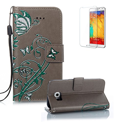 Gurt Lederhülle für Samsung Galaxy S6,Flip PU Leder Brieftasche für Samsung Galaxy S6,Funyye Klassisch Jahrgang [Grau Schmetterling Blume Muster] Tasche Handy Case Schutz Hüllen im Bookstyle Handyhülle Ledertasche mit Stand Funktion Kartenfächer Magnetverschluss Magnet Etui Schale Schutzhüllen Handytasche für Samsung Galaxy S6 + 1 x Frei Displayschutzfolie von Funyye