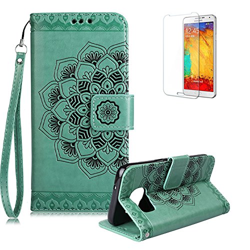 Gurt Lederhülle für Samsung Galaxy S6,Flip PU Leder Brieftasche für Samsung Galaxy S6,Funyye Klassisch Jahrgang [Grün Mandala Blume Muster] Tasche Handy Case Schutz Hüllen im Bookstyle Handyhülle Ledertasche mit Stand Funktion Kartenfächer Magnetverschluss Magnet Etui Schale Schutzhüllen Handytasche für Samsung Galaxy S6 + 1 x Frei Displayschutzfolie von Funyye