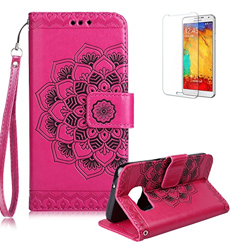 Gurt Lederhülle für Samsung Galaxy S6,Flip PU Leder Brieftasche für Samsung Galaxy S6,Funyye Klassisch Jahrgang [Heiß Rosa Mandala Blume Muster] Tasche Handy Case Schutz Hüllen im Bookstyle Handyhülle Ledertasche mit Stand Funktion Kartenfächer Magnetverschluss Magnet Etui Schale Schutzhüllen Handytasche für Samsung Galaxy S6 + 1 x Frei Displayschutzfolie von Funyye