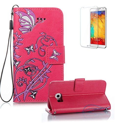 Gurt Lederhülle für Samsung Galaxy S6,Flip PU Leder Brieftasche für Samsung Galaxy S6,Funyye Klassisch Jahrgang [Heiß Rosa Schmetterling Blume Muster] Tasche Handy Case Schutz Hüllen im Bookstyle Handyhülle Ledertasche mit Stand Funktion Kartenfächer Magnetverschluss Magnet Etui Schale Schutzhüllen Handytasche für Samsung Galaxy S6 + 1 x Frei Displayschutzfolie von Funyye