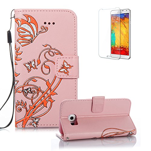 Gurt Lederhülle für Samsung Galaxy S6,Flip PU Leder Brieftasche für Samsung Galaxy S6,Funyye Klassisch Jahrgang [Rosa Schmetterling Blume Muster] Tasche Handy Case Schutz Hüllen im Bookstyle Handyhülle Ledertasche mit Stand Funktion Kartenfächer Magnetverschluss Magnet Etui Schale Schutzhüllen Handytasche für Samsung Galaxy S6 + 1 x Frei Displayschutzfolie von Funyye