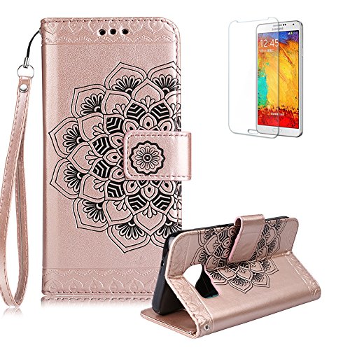 Gurt Lederhülle für Samsung Galaxy S6,Flip PU Leder Brieftasche für Samsung Galaxy S6,Funyye Klassisch Jahrgang [Rose Gold Mandala Blume Muster] Tasche Handy Case Schutz Hüllen im Bookstyle Handyhülle Ledertasche mit Stand Funktion Kartenfächer Magnetverschluss Magnet Etui Schale Schutzhüllen Handytasche für Samsung Galaxy S6 + 1 x Frei Displayschutzfolie von Funyye