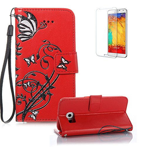 Gurt Lederhülle für Samsung Galaxy S6,Flip PU Leder Brieftasche für Samsung Galaxy S6,Funyye Klassisch Jahrgang [Rot Schmetterling Blume Muster] Tasche Handy Case Schutz Hüllen im Bookstyle Handyhülle Ledertasche mit Stand Funktion Kartenfächer Magnetverschluss Magnet Etui Schale Schutzhüllen Handytasche für Samsung Galaxy S6 + 1 x Frei Displayschutzfolie von Funyye