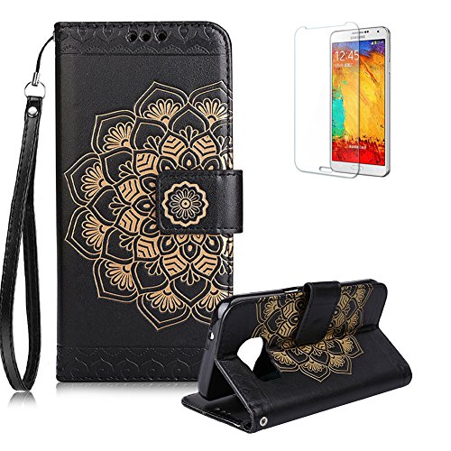 Gurt Lederhülle für Samsung Galaxy S6,Flip PU Leder Brieftasche für Samsung Galaxy S6,Funyye Klassisch Jahrgang [Schwarz Mandala Blume Muster] Tasche Handy Case Schutz Hüllen im Bookstyle Handyhülle Ledertasche mit Stand Funktion Kartenfächer Magnetverschluss Magnet Etui Schale Schutzhüllen Handytasche für Samsung Galaxy S6 + 1 x Frei Displayschutzfolie von Funyye