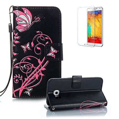 Gurt Lederhülle für Samsung Galaxy S6,Flip PU Leder Brieftasche für Samsung Galaxy S6,Funyye Klassisch Jahrgang [Schwarz Schmetterling Blume Muster] Tasche Handy Case Schutz Hüllen im Bookstyle Handyhülle Ledertasche mit Stand Funktion Kartenfächer Magnetverschluss Magnet Etui Schale Schutzhüllen Handytasche für Samsung Galaxy S6 + 1 x Frei Displayschutzfolie von Funyye