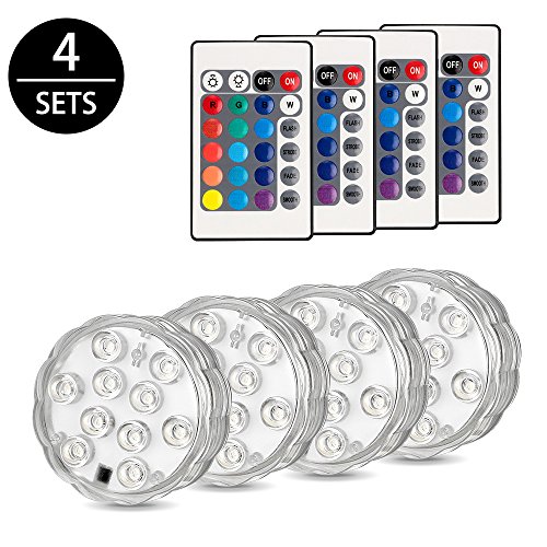 4 Stück Unterwasser Licht,Furado Unterwasser LED Licht mit Fernbedienung,Wasserdichte LED Unterwasser Licht,LED Farbwechsel,10-LED RGB Multi Farbwechsel Wasserdichte LED Leuchten für Vase Base Aquarium Teich Halloween Party Weihnachten von Furado