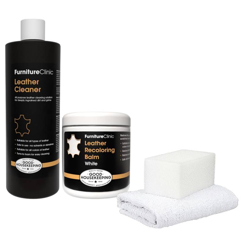 Furniture Clinic Easy Lederrestaurierungsset (weiß) | inklusive Recolouring Balsam, Ultra Clean, Schwamm und Tuch für Möbel, Autositze, Schuhe und Taschen von Furniture Clinic