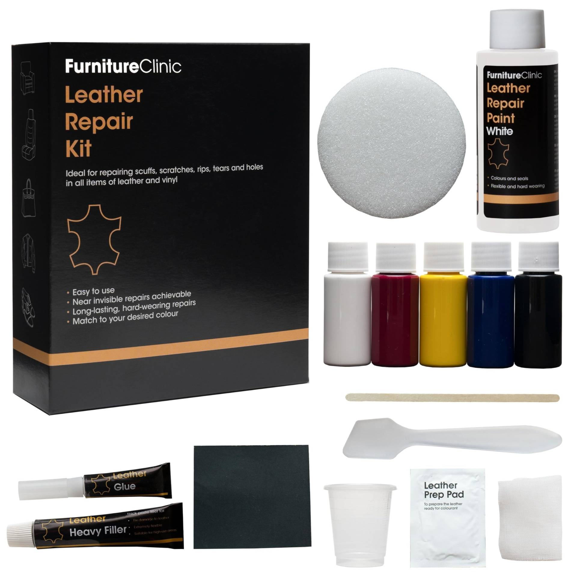 Komplettes Leder-Reparatur-Set zum Füllen und Färben von Beschädigungen - 12 Farben, passen zu jedem Farbton - Weiß von Furniture Clinic