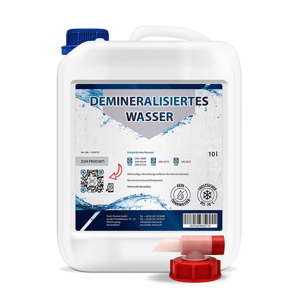 Furth Chemie 10l destilliertes Wasser mit Auslaufhahn | demineralisiertes Wasser (VE Wasser): Für Bügeleisen, Aquarium, Reinigung, Kosmetik, Seifenherstellung, Autokühler und Luftbefeuchter von Furthchemie