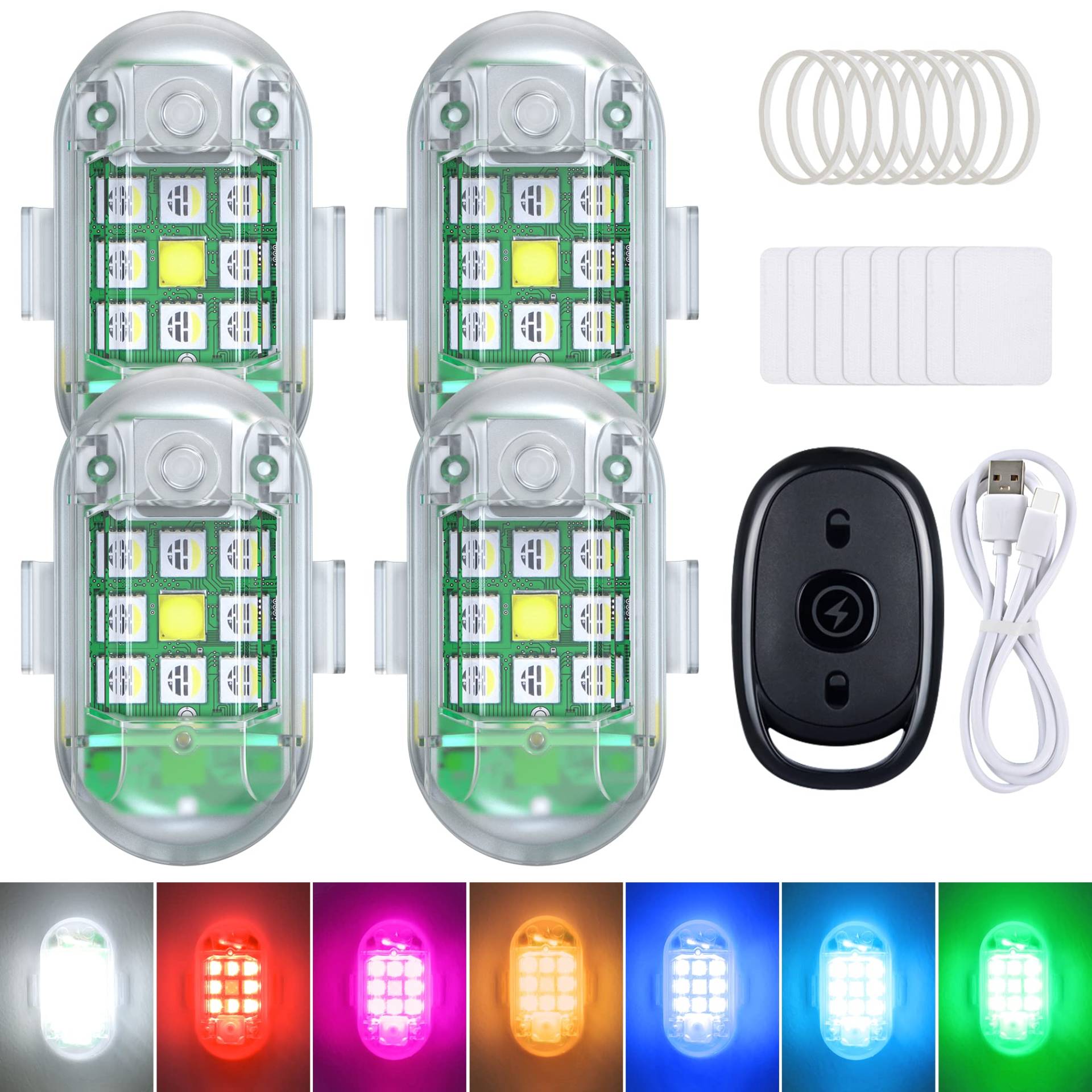 Fxlpower 4 Pcs Auto LED Blitzlichter, Kabellose LED Blitzleuchte mit Hoher Helligkeit, 7 Farben LED-Antikollisionslichter, Blinklichter für Motorrad, Drohne von Fxlpower