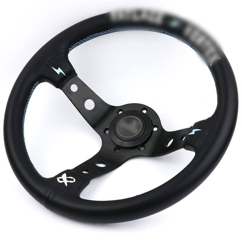 Drifting Lenkrad,Universal Rennlenkrad 13inch Weiß Stickerei Schwarz-echtes Leder Drift Sport Lenkräder mit blauen Nähten von Fymlok