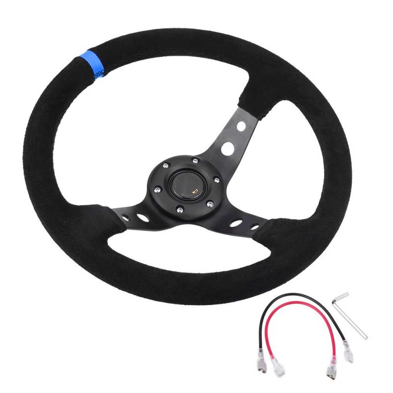 Drifting Lenkrad,Universal Rennlenkrad 14inch 350mm Deep Dish Driften Lenkrad Universal Leder Aluminium Car Auto Racing Sport-Lenkrad-Zubehör(Blue) von Fymlok