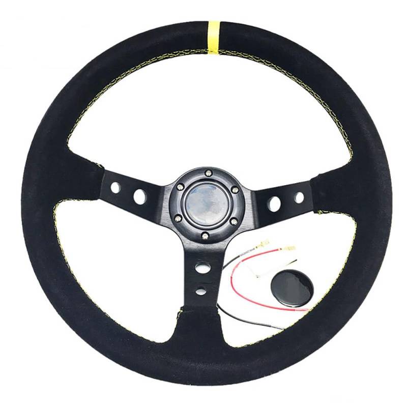 Drifting Lenkrad,Universal Rennlenkrad Auto Modifikation 14 Zoll Rot/Blau Wildleder Lenkrad Mattiertes Leder 350mm Tief Konkav Lenkrad Werkzeuge Universal(E) von Fymlok