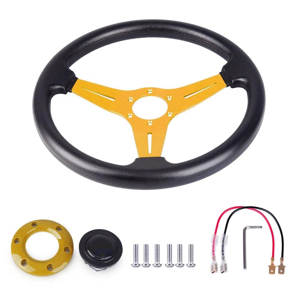 Drifting Lenkrad,Universal Rennlenkrad Racing PU Lederlenkrad 350mm 14 Zoll Aluminiumlegierung Auto Sport Drifting Lenkräder Deep Dish Style(Gold) von Fymlok