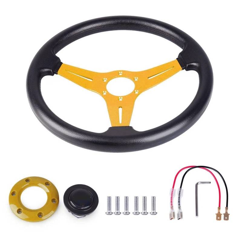 Drifting Lenkrad,Universal Rennlenkrad Racing PU Lederlenkrad 350mm 14 Zoll Aluminiumlegierung Auto Sport Drifting Lenkräder Deep Dish Style(Gold) von Fymlok