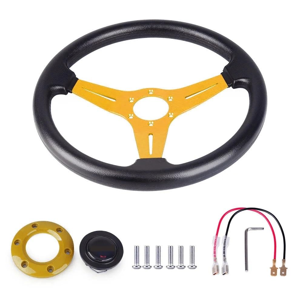 Drifting Lenkrad,Universal Rennlenkrad Racing PU Lederlenkrad 350mm 14 Zoll Aluminiumlegierung Auto Sport Drifting Lenkräder Deep Dish Style(Gold) von Fymlok