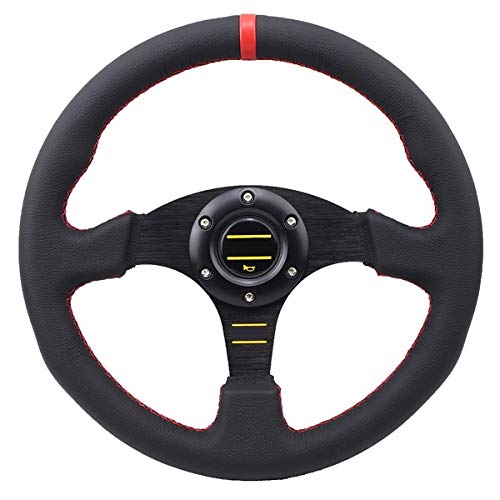 Drifting Lenkrad,Universal Rennlenkrad Universal-350mm 13 Zoll-Auto-Renn-Lenkrad PVC-Leder-Aluminium-Halterung Sport-Lenkrad mit Logo Horn-Knopf(Pink Stripe) von Fymlok