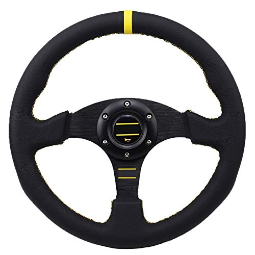 Drifting Lenkrad,Universal Rennlenkrad Universal-350mm 13 Zoll-Auto-Renn-Lenkrad PVC-Leder-Aluminium-Halterung Sport-Lenkrad mit Logo Horn-Knopf(Yellow Stripe) von Fymlok
