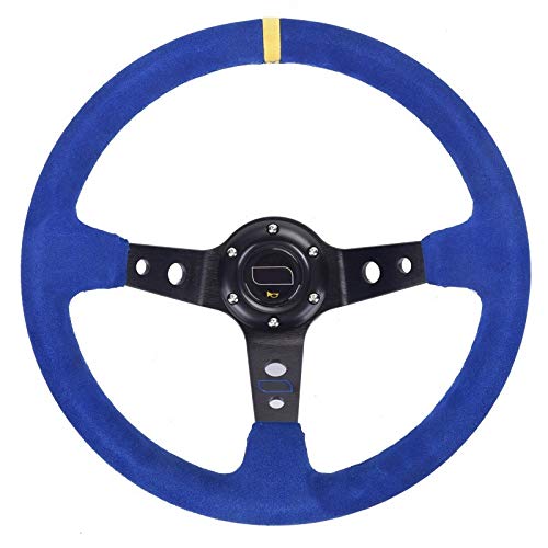 Drifting Lenkrad,Universal Rennlenkrad Unversal 14inch 350mm Car Racing Lenkrad Tief Corn Driften Veloursleder Rutschhemmende Sport-Lenkrad(Blue) von Fymlok