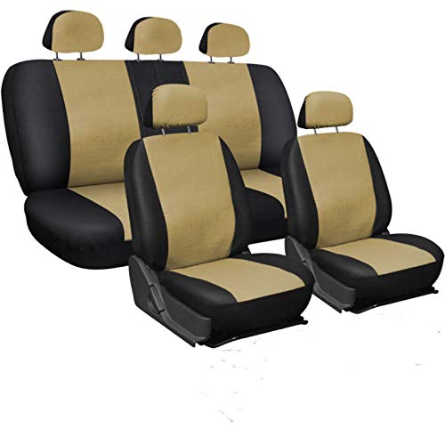 Sitzbezüge,Autositzbezug Universal-Autositz-Abdeckung Protector PU. Lederfront- und Rücksitz-Rückenkissen Pad Mat Rückenlehne for Auto-Innenwagen SUV Limousine(Black Beige) von Fymlok