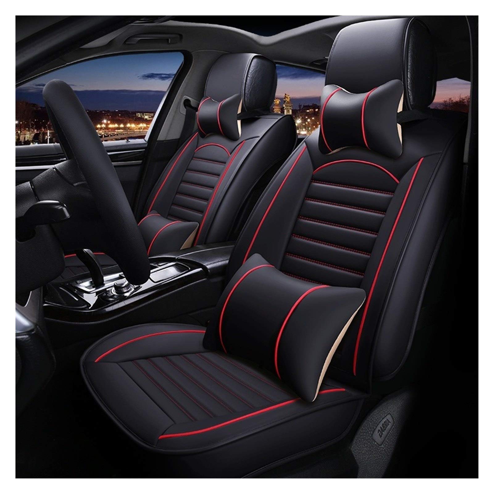 Sitzbezüge,Autositzbezug Universal Leder Autositz-Abdeckung for Hyundai Getz Kia Rio 3 Toyota Corolla Lada Granta for Peugeot 307 Sw Ford Focus Zubehör(Black red Pillow) von Fymlok