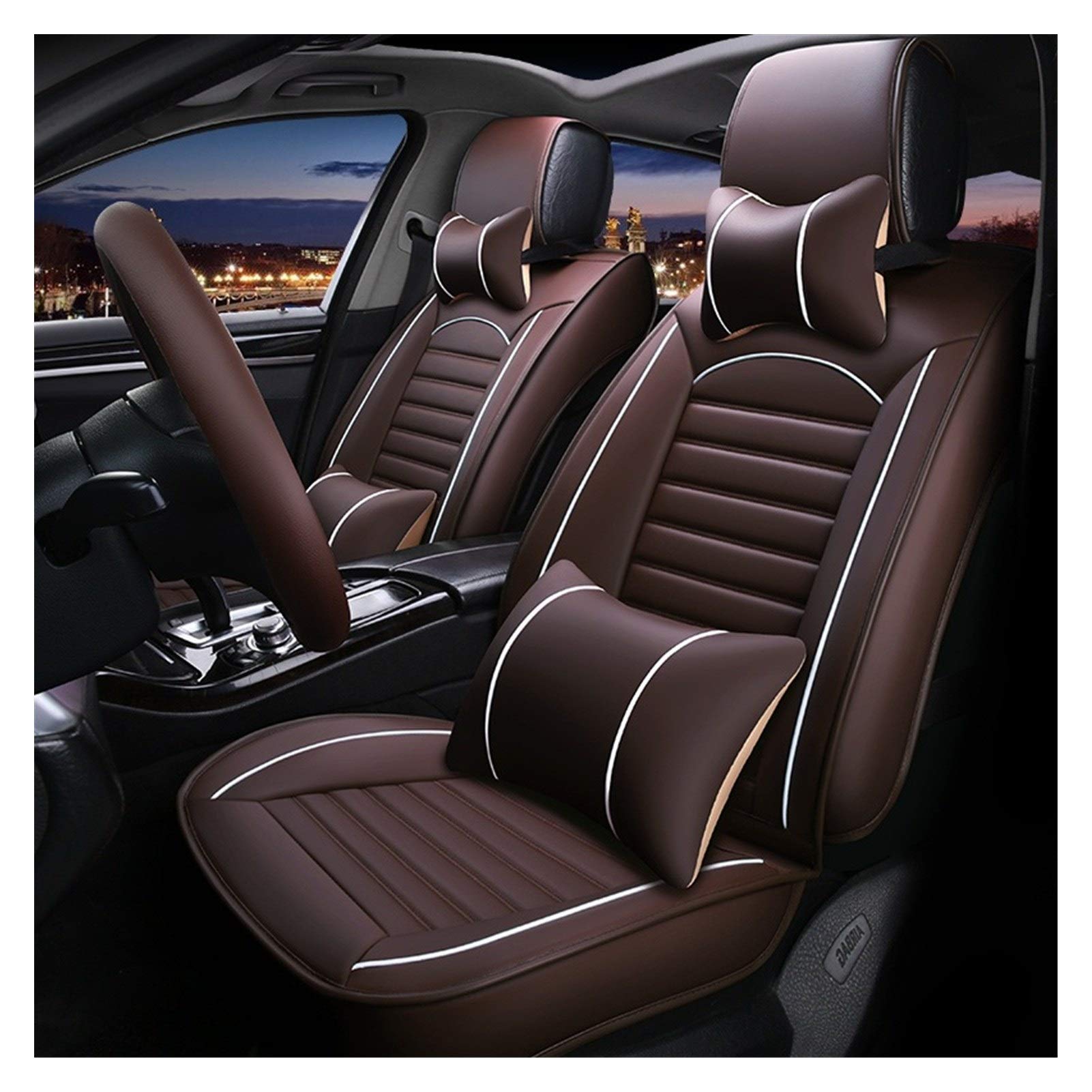 Sitzbezüge,Autositzbezug Universal Leder Autositz-Abdeckung for Hyundai Getz Kia Rio 3 Toyota Corolla Lada Granta for Peugeot 307 Sw Ford Focus Zubehör(Coffee Have Pillow) von Fymlok