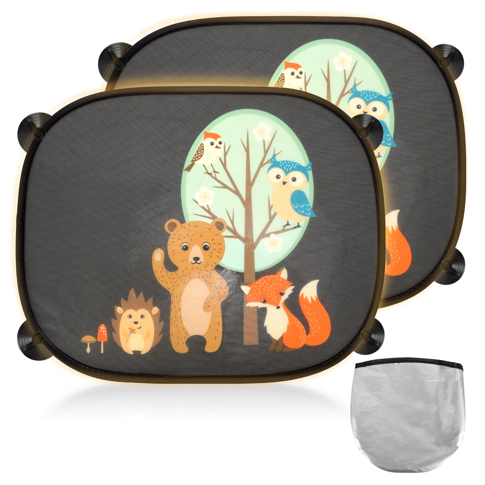2 Stück Sonnenschutz Auto Baby, 45x35.5cm UV-Schutz Sonnenblende mit 8 Saugnäpfen, Auto Sonnenschutz Baby mit Süßen Tier Motiven (Tiere und Bäume) von GADITIEK