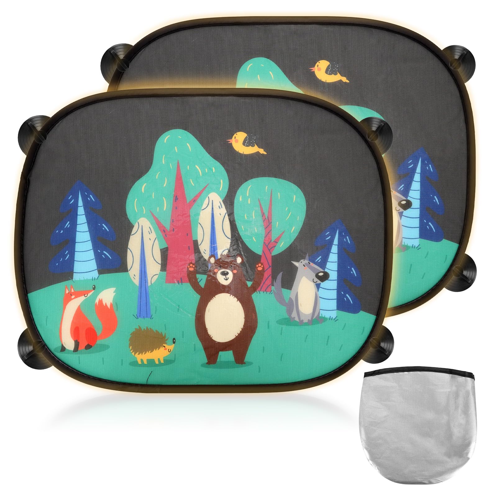 2 Stück Sonnenschutz Auto Baby, 45x35.5cm UV-Schutz Sonnenblende mit 8 Saugnäpfen, Auto Sonnenschutz Baby mit Süßen Tier Motiven (Tiere und Wälder) von GADITIEK