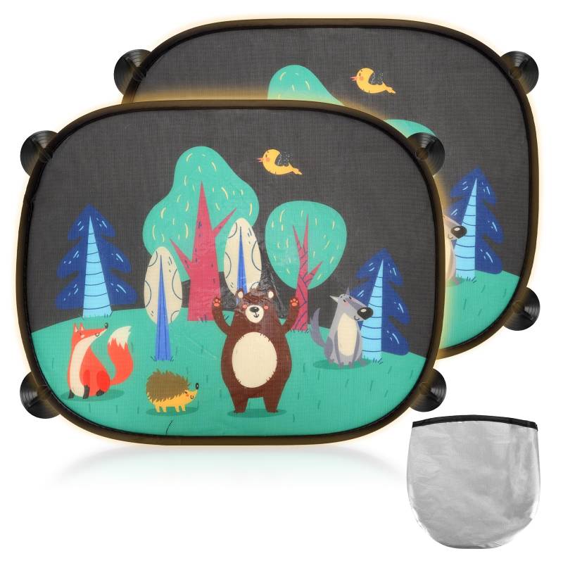 2 Stück Sonnenschutz Auto Baby, 45x35.5cm UV-Schutz Sonnenblende mit 8 Saugnäpfen, Auto Sonnenschutz Baby mit Süßen Tier Motiven (Tiere und Wälder) von GADITIEK