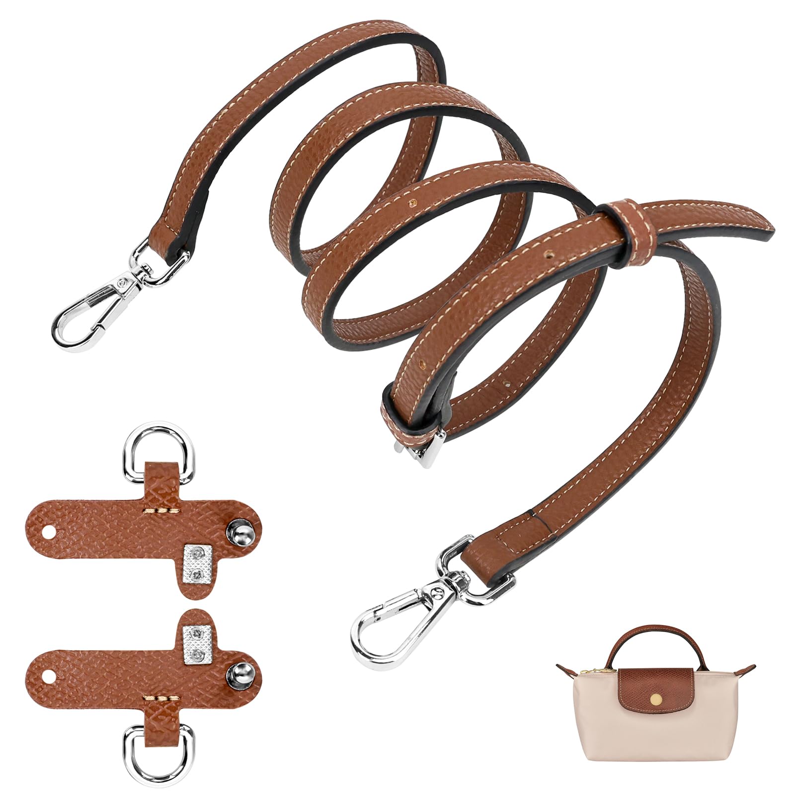 Schultergurt für Longchamp aus Leder für Damen Taschen - Einstellbarer Taschengurt ohne Stanzen von Löchern (Brown-(Silver Buckle)) von GADITIEK