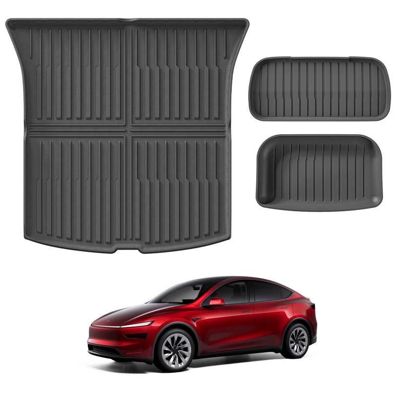 [3 Stück] GAFAT Neu Tesla Model Y Juniper 2025 2026 Kofferraummatte Vorne und Hinten, für Tesla Model Y 2025 TPE Allwetter-Kofferraumwanne Hohe Kante Original 3D-Scan, Matten Faltbar von GAFAT