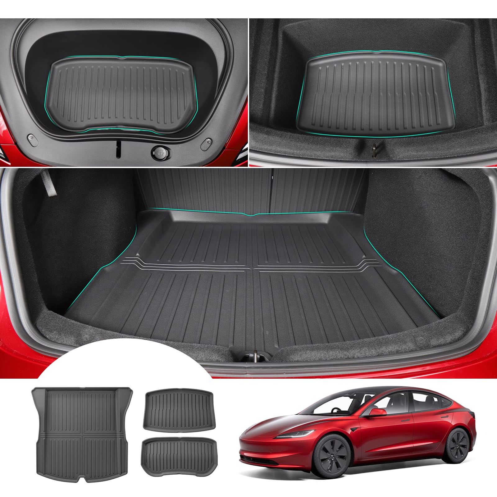 [3 Stück] GAFAT Tesla Model 3 2024 2025 Kofferraummatte Vorne und Hinten, TPE Allwetter-Kofferraumwanne für Model 3 Highland, Hohe Kante Original 3D-Scannen, Leicht zu Falten, Multifunktion Matten von GAFAT