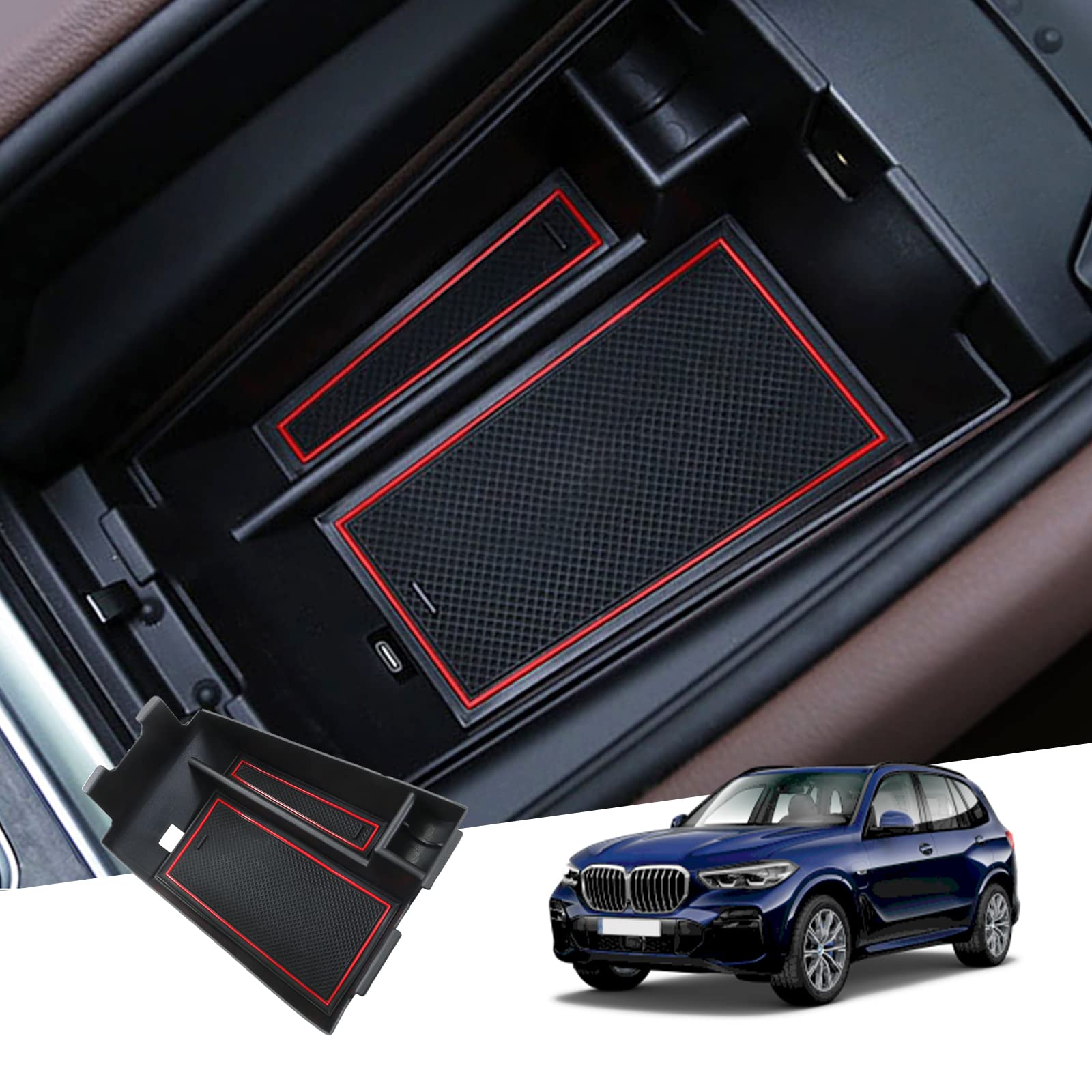 GAFAT B-M-W X5 G05/ X6 G06/ X7 G07 2019-2023 Mittelkonsole Aufbewahrungsbox, Armlehne Organizer Tray Handschuhfach, Kompatibel mit BMW X5 Zubehör (Rot) von GAFAT