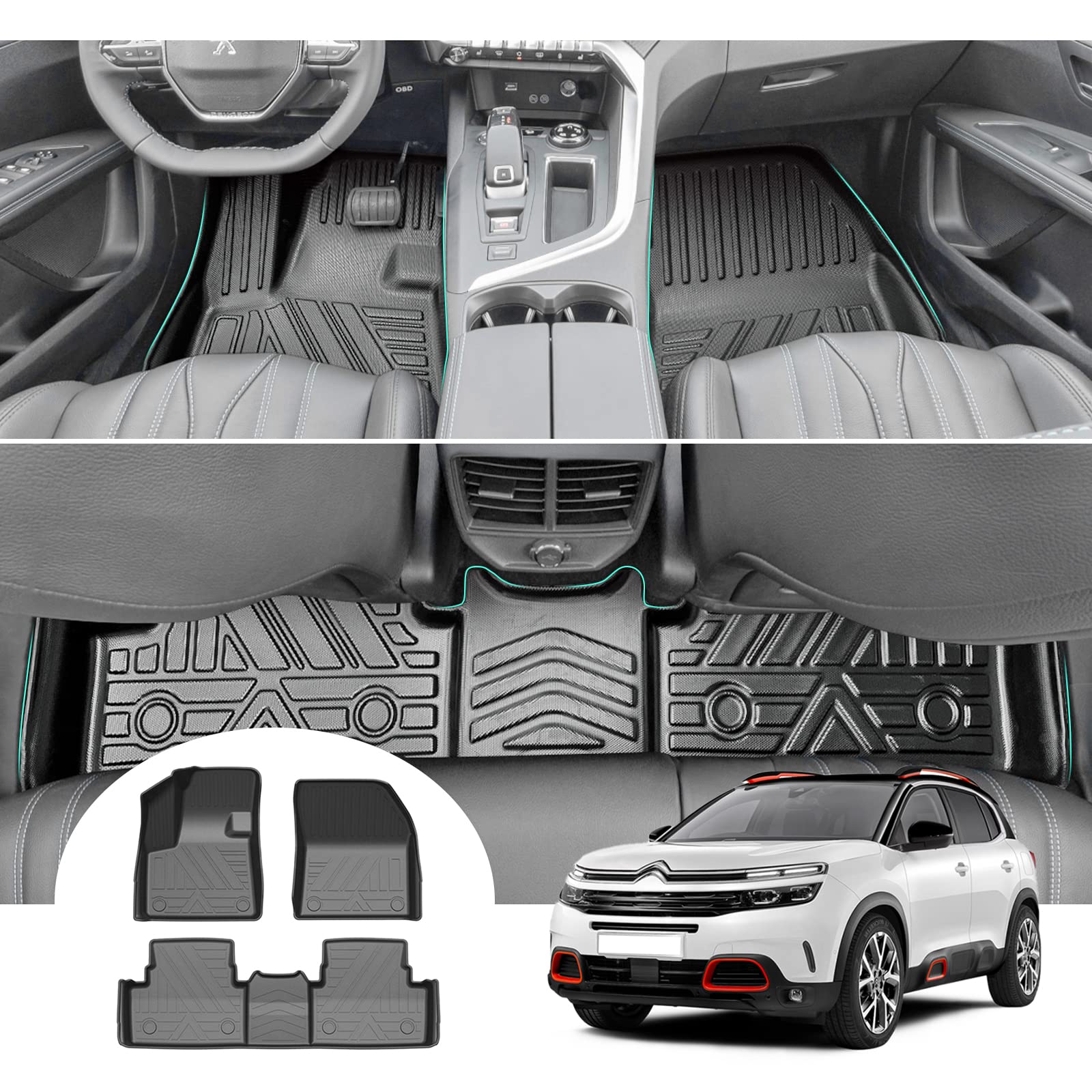 GAFAT Ci-troen C5 Aircross 2018-2023 2024 Fussmatten, C5 Aircross Fußmatten Gummimatten Original, 3D-Scannen TPE Hoher Rand, Kompatibel mit Citroen C5 Aircross Zubehör von GAFAT