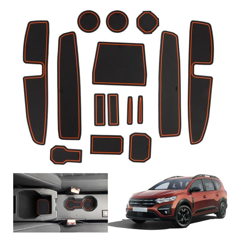 GAFAT Dacia Jogger Hybrid/Extreme 2022-2024 2025 Antirutschmatten, Jogger 2024 Gummimatten, Mittelkonsole Matten, Türnaht Matten, Dacia Jogger Zubehör (Orange) von GAFAT