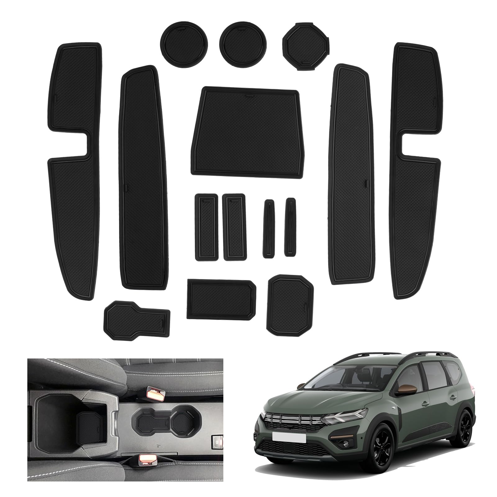 GAFAT Dacia Jogger Hybrid/Extreme 2022-2024 2025 Antirutschmatten, Jogger 2024 Gummimatten, Mittelkonsole Matten, Türnaht Matten, Dacia Jogger Zubehör (Schwarz) von GAFAT