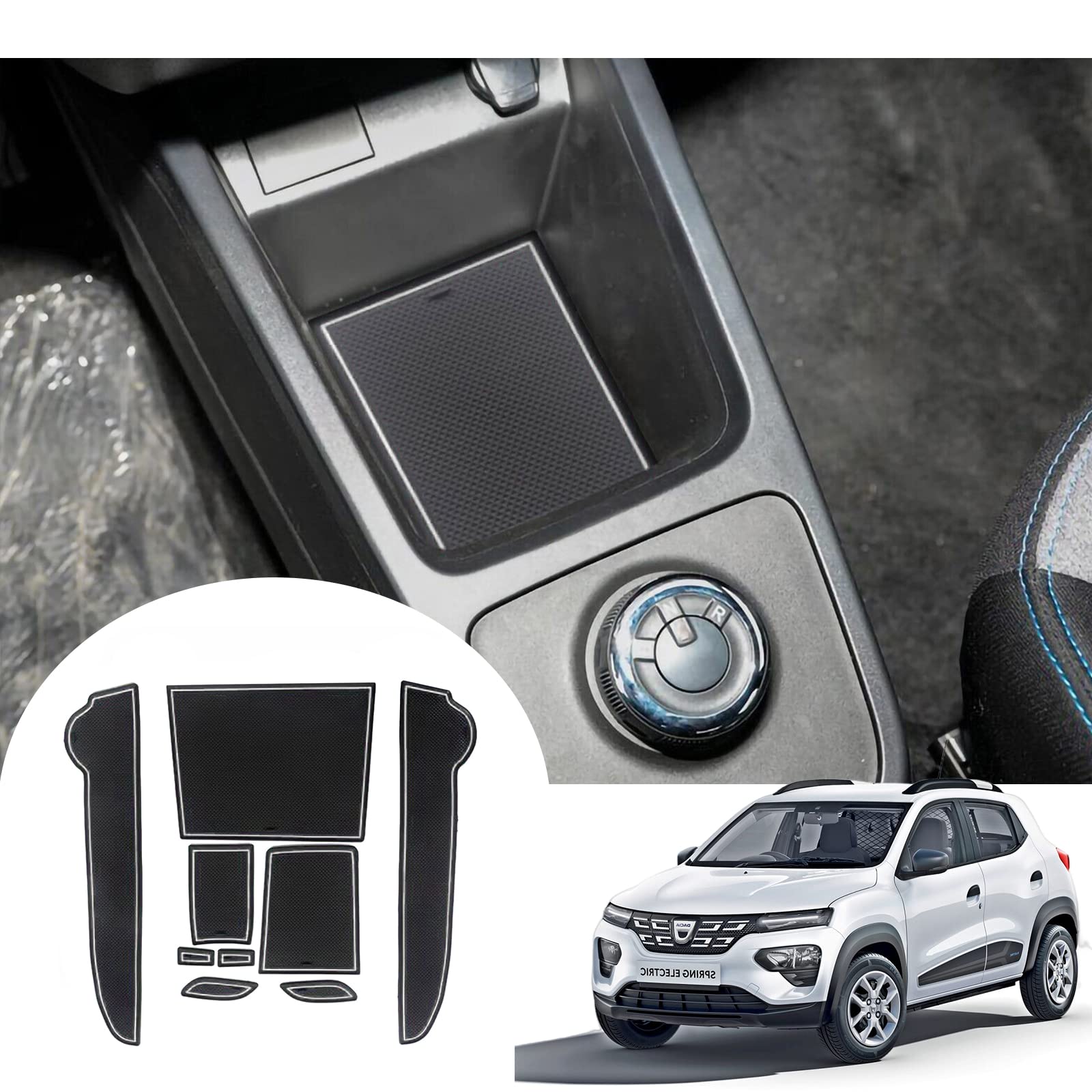 GAFAT Dacia Spring Electric 2022 2023 2024 Antirutschmatten, Dacia Spring 2024 Gummimatten, Mittelkonsole Becherhalter Matten, Türnaht Matten, Dacia Spring Zubehör (Weiß) von GAFAT