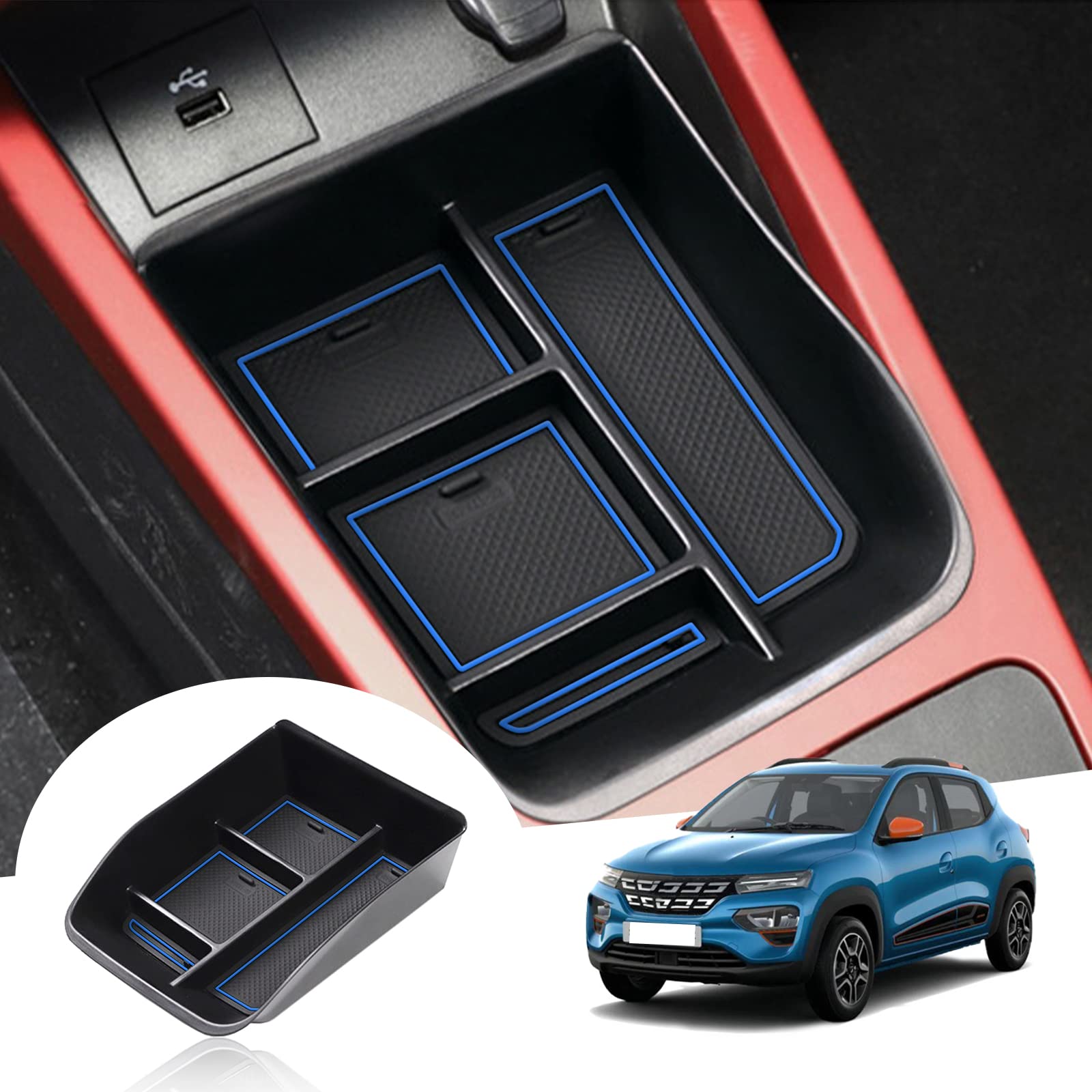 GAFAT Dacia Spring Electric 2022 2023 Mittelkonsole Aufbewahrungsbox, Dacia Spring 2022 Organizer Tray Handschuhfach Unten die Mittelkonsole, Dacia Spring Zubehör (Blau) von GAFAT