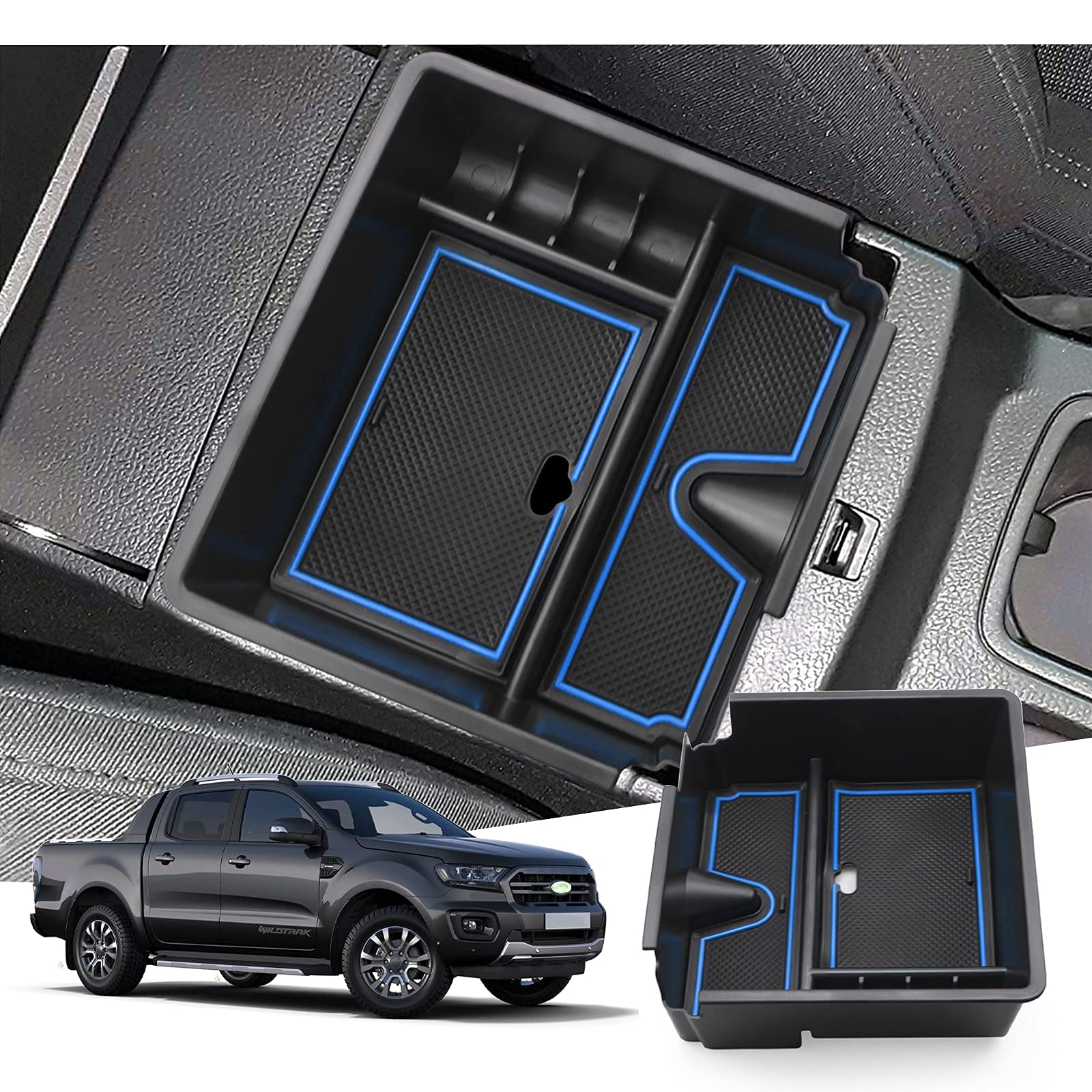 GAFAT Fo-r-d Ranger 2015-2019 Mittelkonsole Aufbewahrungsbox, Armlehne Organizer Tray Mittelarmlehne Handschuhfach, Kompatibel mit Ford Ranger Zubehör [Nicht für 2020-2023] (Blau) von GAFAT