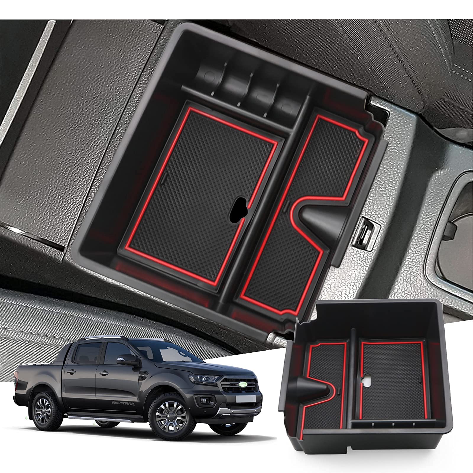 GAFAT Fo-r-d Ranger 2015-2019 Mittelkonsole Aufbewahrungsbox, Armlehne Organizer Tray Mittelarmlehne Handschuhfach, Kompatibel mit Ford Ranger Zubehör [Nicht für 2020-2023] (Rot) von GAFAT