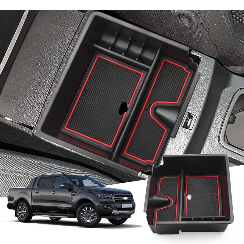 GAFAT Fo-r-d Ranger 2015-2019 Mittelkonsole Aufbewahrungsbox, Armlehne Organizer Tray Mittelarmlehne Handschuhfach, Kompatibel mit Ford Ranger Zubehör [Nicht für 2020-2023] (Rot) von GAFAT
