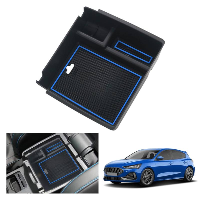 GAFAT Fo-rd Focus MK4 / Kuga MK3 ST Line 2018-2024 2025 Mittelkonsole Aufbewahrungsbox, Focus MK4 ST Line Kuga 3 Armlehne Organizer Tray Handschuhfach, Kompatibel mit Ford Focus MK4 Zubehör (Blau) von GAFAT