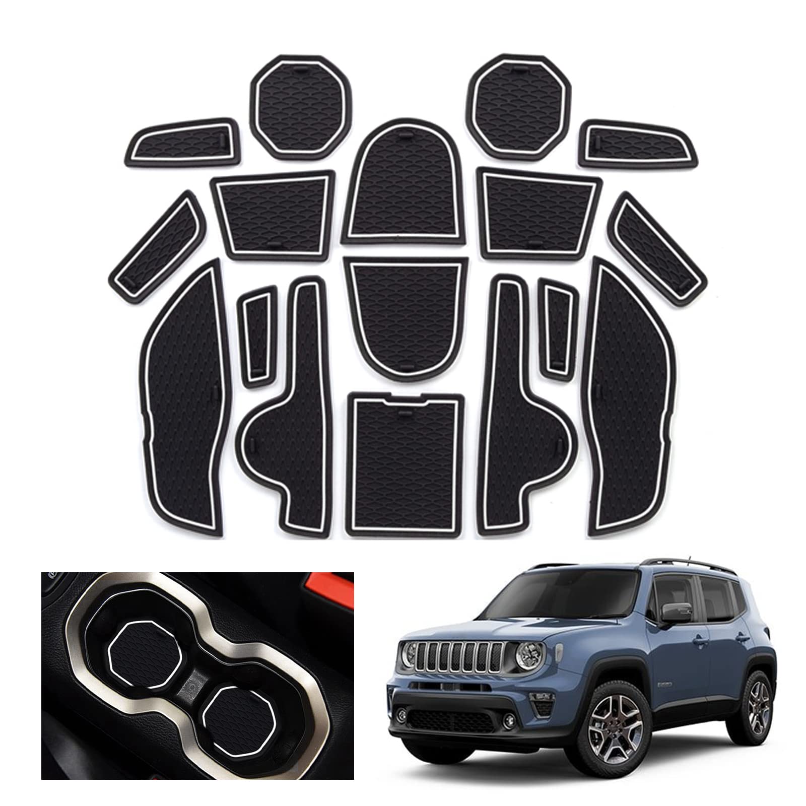 GAFAT Kompatibel mit Jeep Renegade 2015-2018 Antirutschmatten, Renegade 2016 Gummimatten, Mittelkonsole Getränkehalter Matten, Aufbewahrungsbox Matten, Türnaht Matten (Weiß) von GAFAT