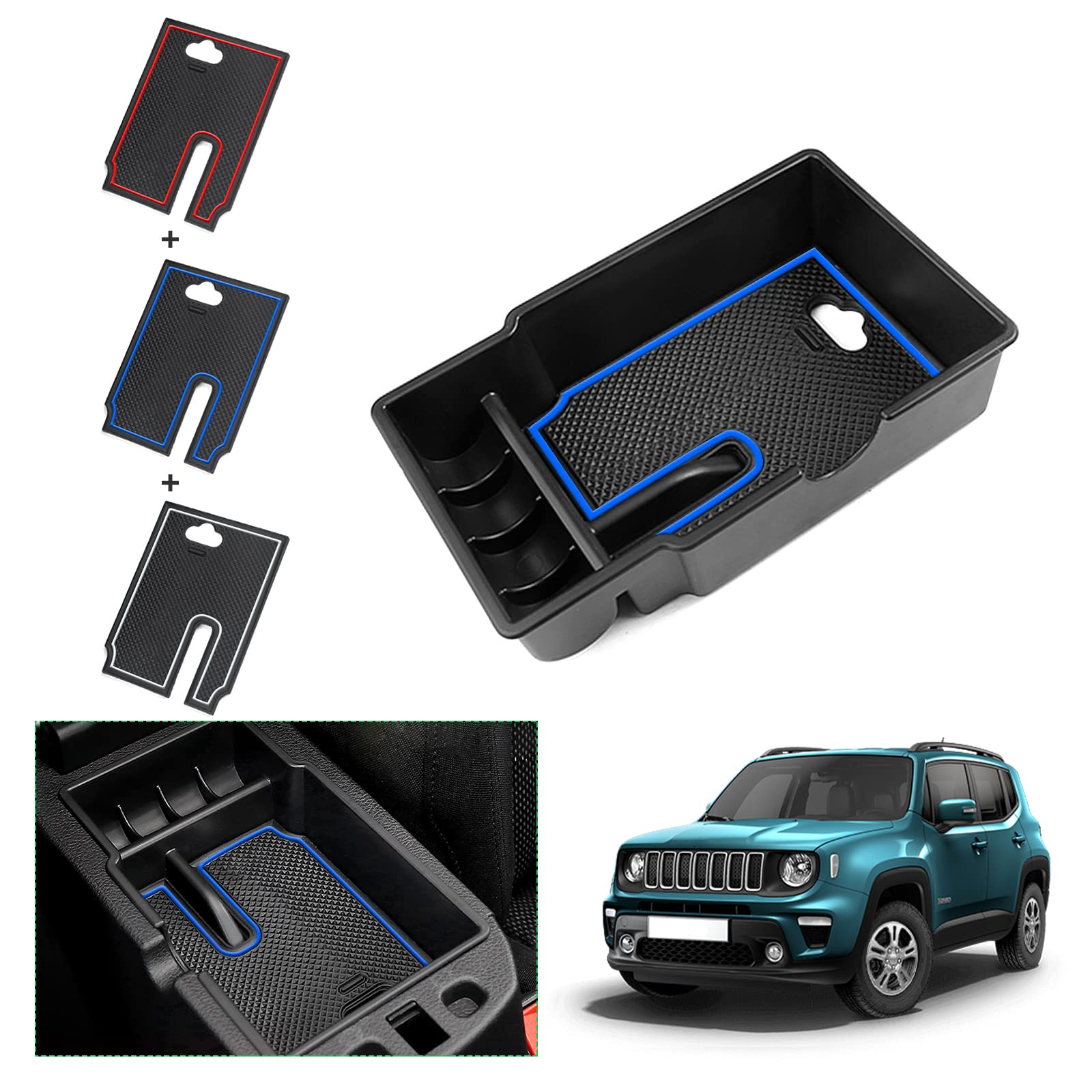 GAFAT Kompatibel mit Jeep Renegade 2015-2022 2023 Mittelkonsole Aufbewahrungsbox, Renegade Armlehne Organizer Tray Mittelarmlehne Handschuhfach (Blau) von GAFAT