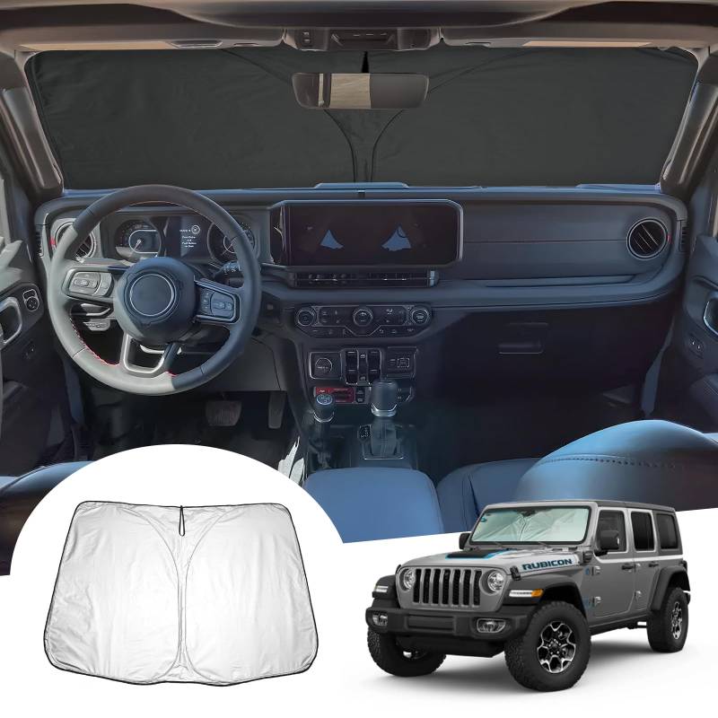 GAFAT Kompatibel mit Jeep Wrangler JL 4XE 2018-2024 Sonnenschutz Frontscheibe Innen, Windschutzscheibe Sonnenschirm Sonnenblende, Abkühlung, UV Schutz, Wrangler 4xe Zubehör von GAFAT